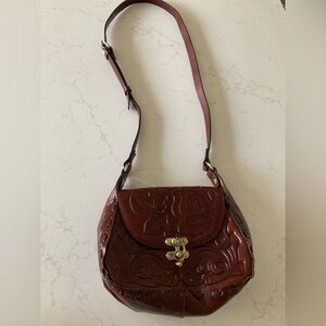 Patricia Nash Tooled Leather Saddle Crossbody Bag Brown Floral Embossed